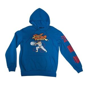 Street Fighter Ryu Hadouken Hoodie Men Medium Blue Graphic Kanji Sleeve Hoodie
